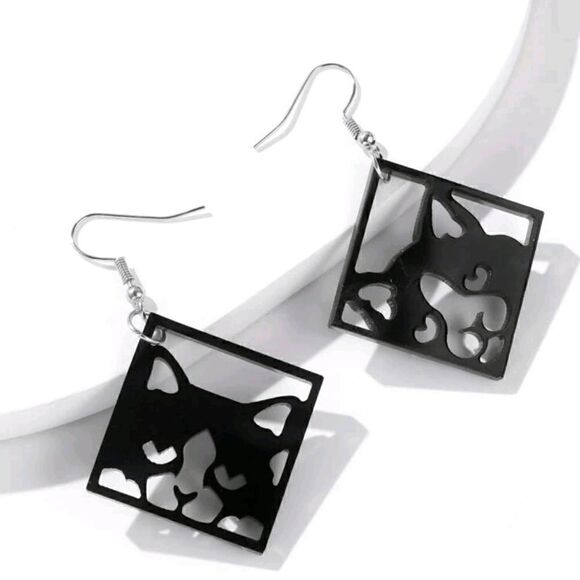 Kitty Cat Blue Black or Purple Square Geometric Dangling Hook Earrings - Picture 8 of 9